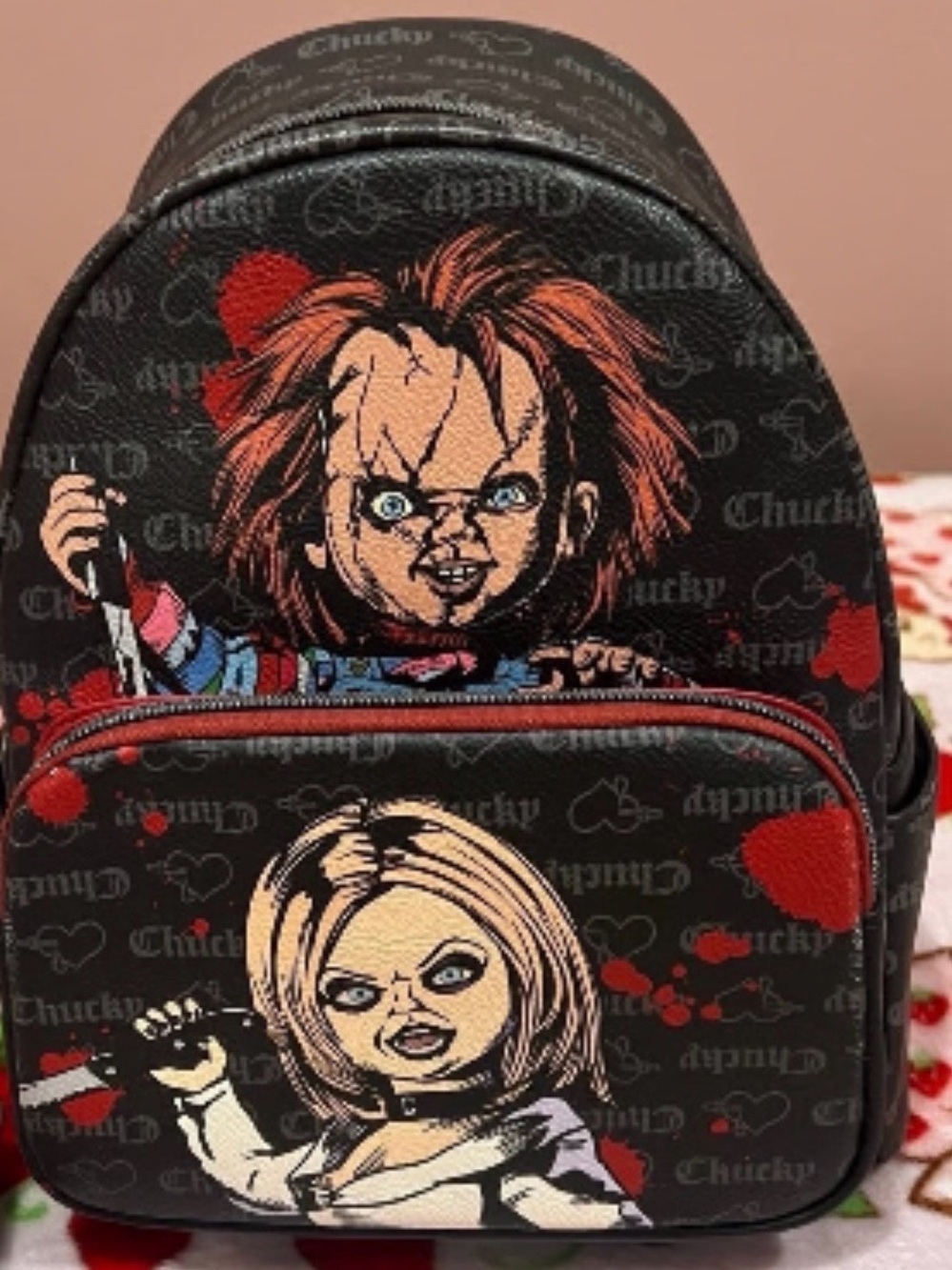 Funko Black Backpack with Red and Orange Chucky & Tiffany Artwork